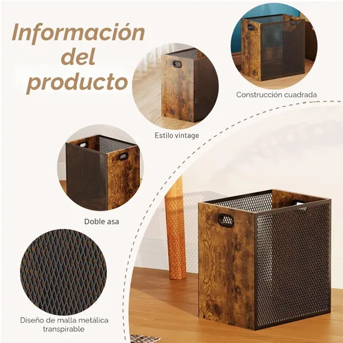 Vista 6 de Huxitocan - Cubo de basura retro para oficina, combinación de hierro y madera para dormitorio, cesta de basura rectangular con asa, diseño