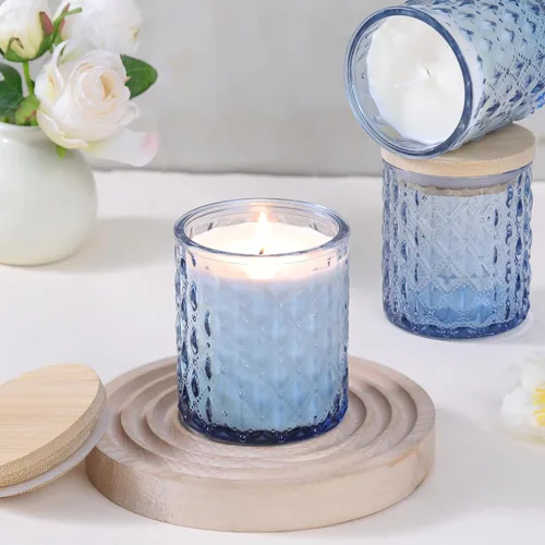 Vista 5 de MATAHUM Paquete de 8 tarros de vela azules para hacer velas, tarros de vidrio vacíos de 7 onzas para hacer velas con tapas de bambú para suministros