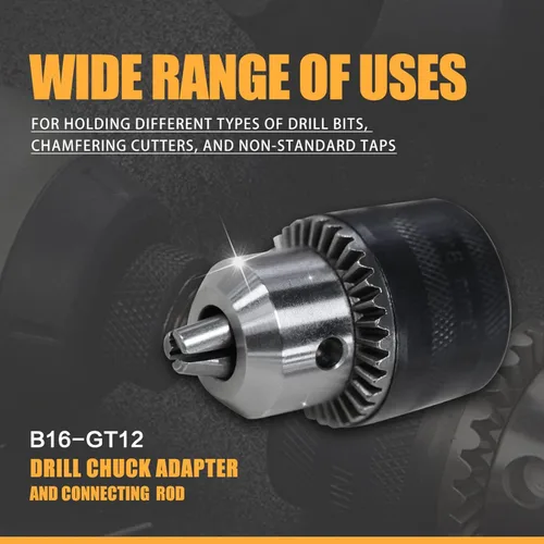 Vista 4 de ZAC Adaptador de Portabrocas de Taladro GT12, Compatible con Máquina Roscadora Eléctrica M16R, Metal, Incluye Llave de Portabrocas, Adaptador