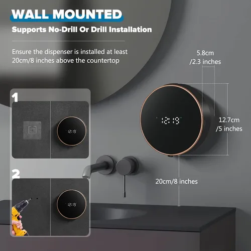 Vista 7 de Dispensador automático de jabón de espuma para baño: montaje en pared, recargable, sin contacto, ajustable, automático, inteligente, eléctrico