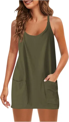 Vista 2 de Vestido atlético para mujer, sin mangas, para entrenamiento, mini vestido de tenis, enterizo con camisola y pantalones cortos integradosdivididos