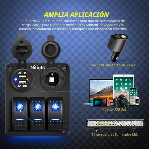 Vista 6 de Nilight - Panel de interruptor basculante de 3 bandas 90115C Panel de interruptores de aluminio precableado impermeable con enchufe de cargador USB