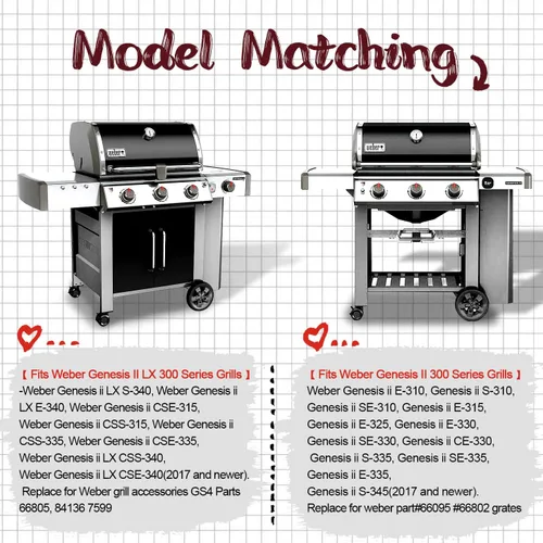 Vista 3 de GGC Rejillas de parrilla de 18.75" para Weber Genesis ii E-310, E-315, E-325, E330, E335, S-310, S-335, S-345 Genesis II LX S-340, LX E-340, 2 Negro