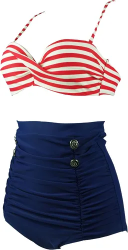 Vista 2 de COCOSHIP - Conjunto de bikini de cintura alta con estampado de lunares retro y fruncido (FBA)