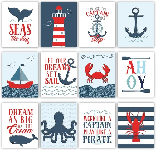Vista 3 de Hadley Designs Decoración náutica de pared con 6 unidades, decoración náutica de habitación para niños, cuadros de barco y faro, decoración de pared