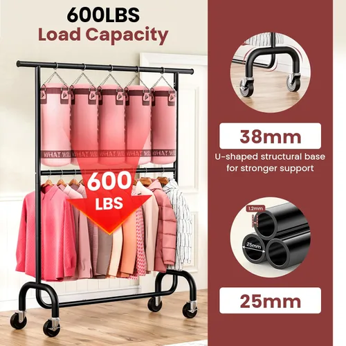 Vista 6 de Perchero resistente para dormitorio, perchero con ruedas de altura ajustable de 6 niveles, ruedas con bloqueo, perchero portátil para sala de estar
