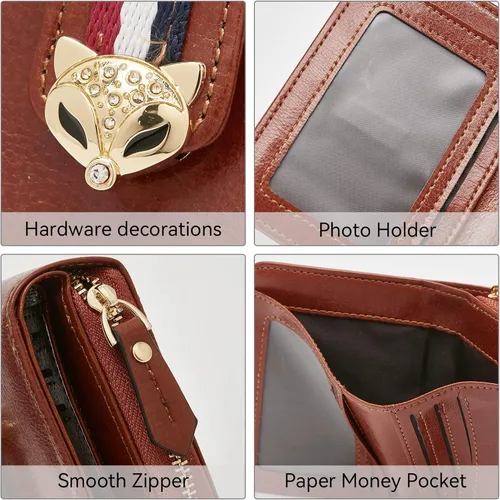 Vista 6 de FOXLOVER Cartera pequeña de piel sintética para mujer, con bloqueo RFID, con cremallera, bolsillo para monedas, ventana de identificación