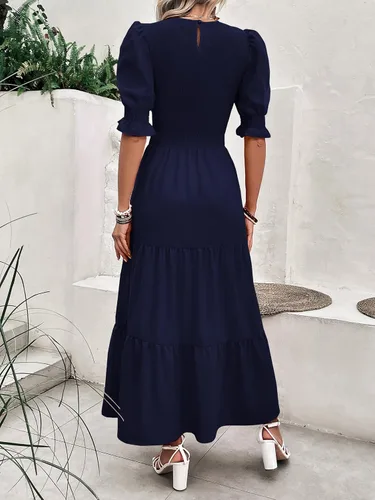Vista 77 de BTFBM Vestidos para mujer, cuello redondo, casual, de verano, con volantes, manga corta, bohemio, con niveles, fruncido, largo, con estampado floral