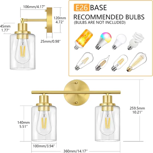 Vista 6 de Lámparas de baño, lámpara de tocador de latón cepillado de 2 luces, apliques de pared dorados, iluminación moderna de pared de baño montada en pared