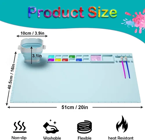 Vista 5 de Tapete de silicona para manualidades, tapete de pintura de silicona de 20 x 16 pulgadas con taza, hoja de silicona antiadherente para fundición