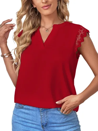 Vista 4 de LYANER Blusa elegante sin mangas con cuello en V y ribete de encaje para mujer