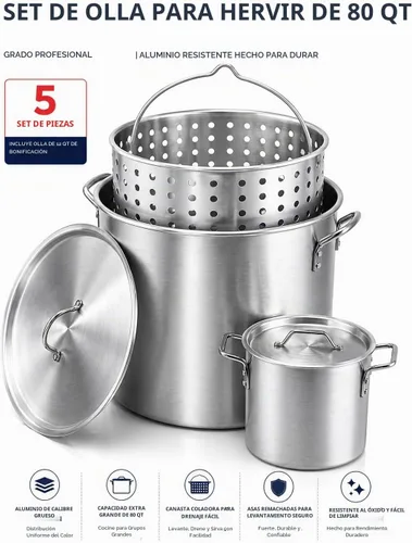 Vista 2 de Olla multiusos de grado profesional de 80 cuartos de galón con cesta (3 piezas) más una olla de 12 cuartos de galón (2 unidades).