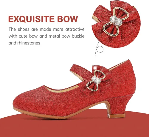 Vista 3 de Dufannie Zapatos de vestir para niñas, zapatos de tacón bajo de princesa, zapatos planos con purpurina para bodas y fiestas
