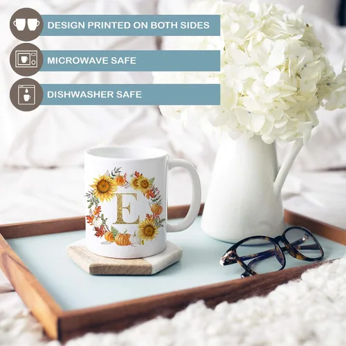 Vista 2 de Taza de café de cerámica personalizada con inicial de otoño, 11 o 15 onzas