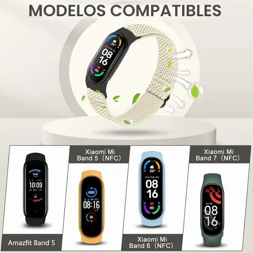Vista 2 de TumpCez Paquete de 5 correas de nailon Solo Loop compatibles con Xiaomi Mi Band 7 6 5 4 3/Amazfit Band 5 correas, ajustable, transpirable, cómoda