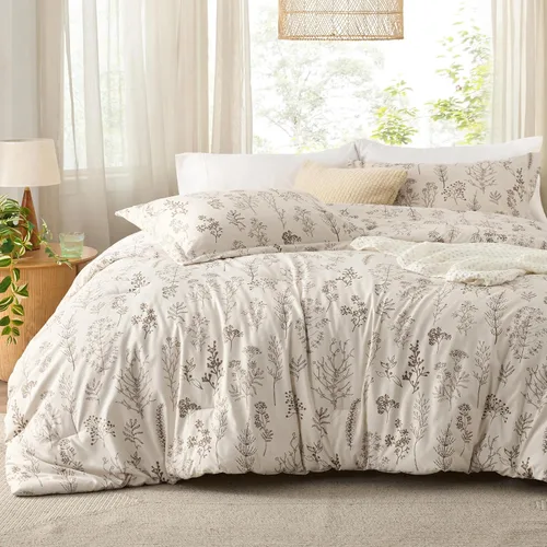 Vista 21 de Bedsure - Juego de edredón floral lindo, juego de ropa de cama tamaño King 04 - Gris claro