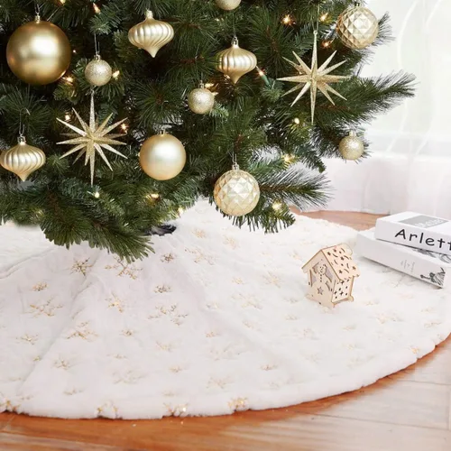Vista 5 de LOMOHOO Falda para árbol de Navidad, grande, de piel sintética de lujo blanca y dorada con falda de árbol de copos de nieve, decoraciones