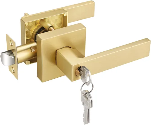 Vista 17 de EHOMEWARE - Juego de manijas de puerta delantera doble de latón, manija de puerta de latón cuadrado resistente en oro y cerradura de un solo