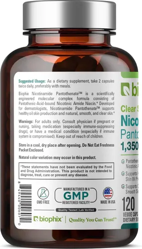 Vista 8 de biophix Pantotenato de nicotinamida B-3 1350 mg 120 Vcaps - Clear Skin Series B5 Ácido pantoténico Natural Flush-Free Nicotinic Amide Niacina