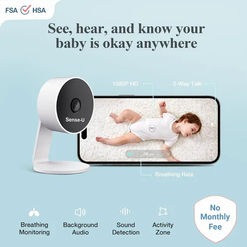 Vista 2 de Sense-U Monitor de cámara AI para bebé con detección de movimiento de respiración de sueño sin sensores, cámara de video inteligente de seguridad