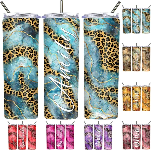 Vista 19 de Vasos personalizados con estampado de leopardo con tapas y pajitas, vasos delgados personalizados de 20 onzas con nombres para mujeres y hombres