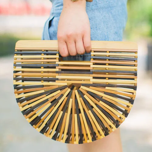 Vista 6 de RULER TRUTH Bolso de bambú para mujer de paja hecho a mano, bolso de bambú natural para playa de verano