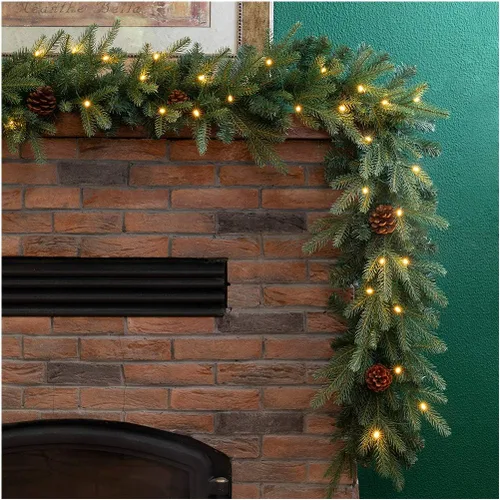 Vista 12 de Glitzhome - Guirnalda de Navidad de 9 pies con luces, guirnalda de Navidad para repisa, guirnalda de Navidad artificial preiluminada con conos