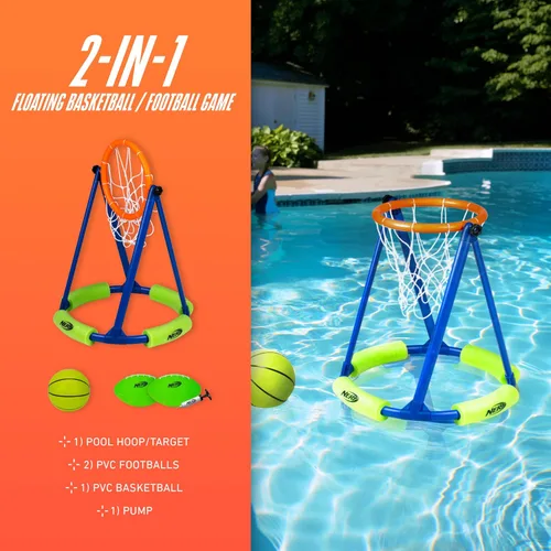 Vista 6 de NERF - Juego de aro de baloncesto flotante para piscina + red de fútbol – Baloncesto acuático + (2) pelotas de fútbol acuáticas incluidas – Aro