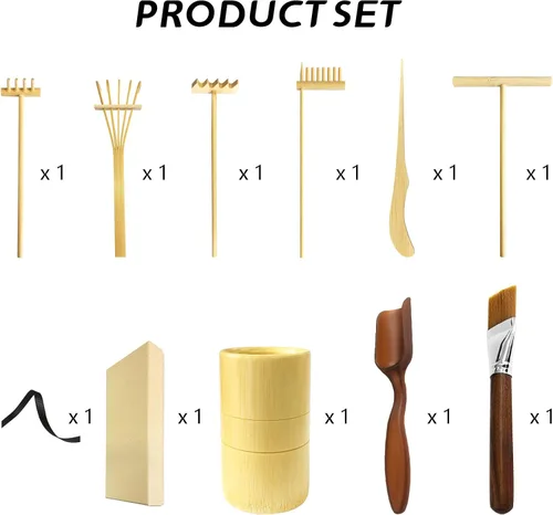 Vista 2 de Artcome Mini mesa Zen Sand Garden Rake Tool Set – con rastrillos, cepillo de arena, cuchara, tubo de bambú, meditación, arena, herramientas