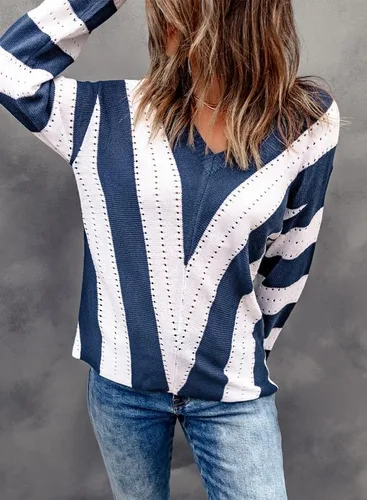 Vista 3 de Dokotoo Suéter de punto para mujer, diseño de rayas, cuello en V, con bloques de color, ajuste holgado