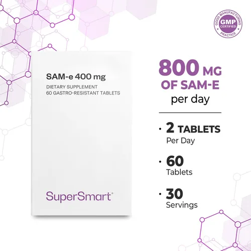 Vista 4 de Supersmart - SAM-e 400mg (80% Active Isomer S,S) - Advanced S-Adenosyl Methionine SAM-e Supplement Non-GMO & Gluten Free - 60 Enteric Coated