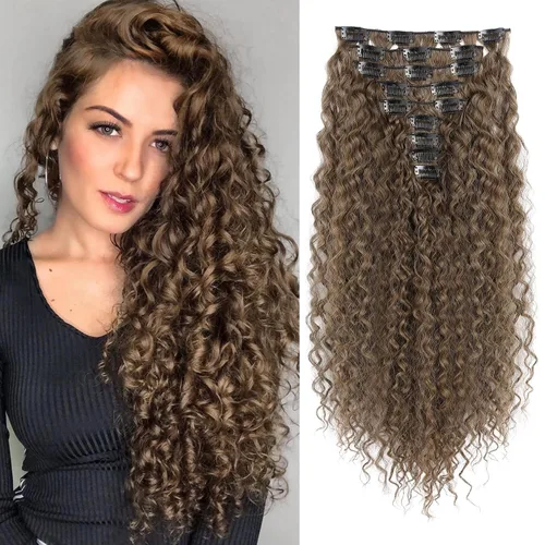 Vista 9 de LONAI Extensión de Cabello, 9 piezas, 56 cm de largo, castaño, extensiones de cabello rizadas con pinza, LN002, extensiones de cabello sintético