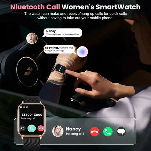 Vista 4 de Reloj inteligente para mujer, reloj de fitness de 1.83 pulgadas con presión arterial, llamadas/mensajes, seguimiento de ciclo femenino, frecuencia