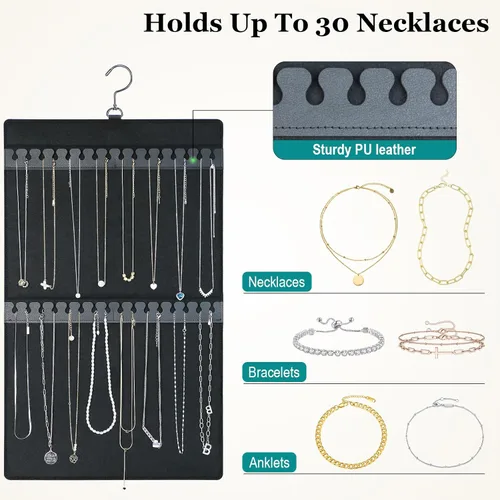 Vista 4 de Organizador de joyas colgante de doble cara con colgador para armario pequeño, soporte para collar sin enredos sobre la puerta, gran capacidad, 300