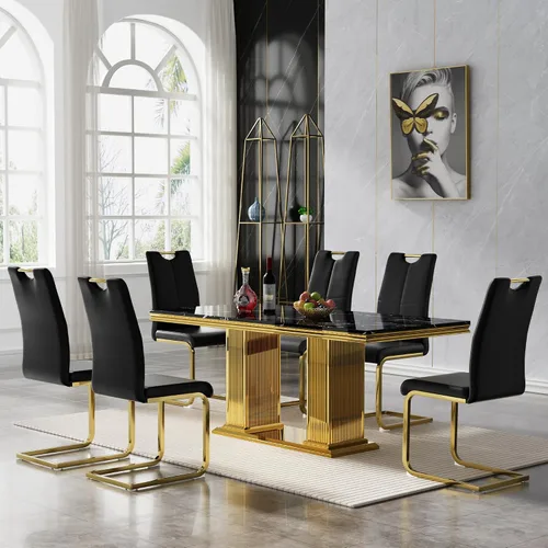 Vista 18 de 5 Piece Black Marble Dining Table Set for 4, Modern Faux Marble Kitchen Dining Room Tables with 4 Leather Chairs Set, 68.11" Luxury Rectangular
