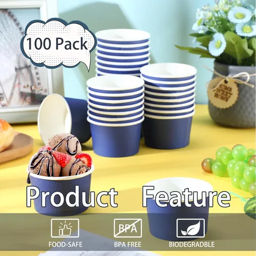 Vista 4 de Didaey 100 cuencos de papel desechables para helados, recipientes de postre para yogur, recipientes desechables para postre de yogur para alimentos