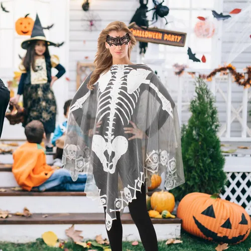 Vista 2 de KOFECIT Poncho de esqueleto de Halloween para mujer, chal de esqueleto de encaje, disfraz de Halloween con máscara