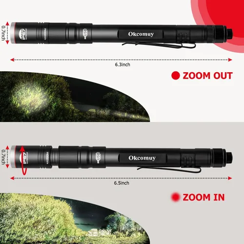 Vista 5 de okcomuy Linterna de Lápiz Recargable IP67 Impermeable con Clip de Bolsillo 4-Zoomable, Linterna de Bolsillo Perfecta para Inspección, Trabajo