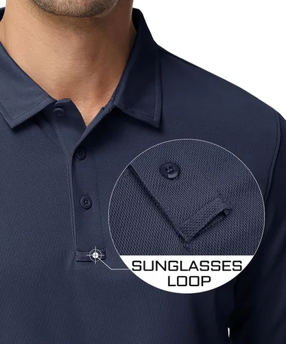 Vista 3 de MAGCOMSEN Camisas polo para hombre, 3 botones, secado rápido, manga larga, tácticas, camisa de golf