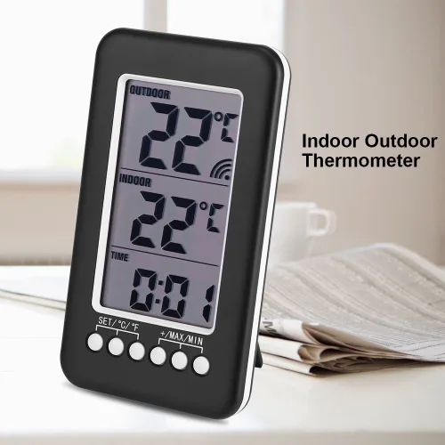 Vista 5 de Termómetro para interiores y exteriores LCD termómetro con reloj inalámbrico temperatura ambiente termómetro termómetro digital Ther termómetro