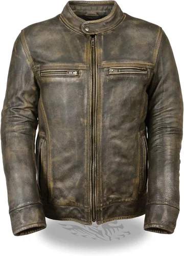 Vista 4 de Milwaukee Chamarra de piel café para hombre, estilo motocicleta con detalles de triple costura, XXXL, Marrón