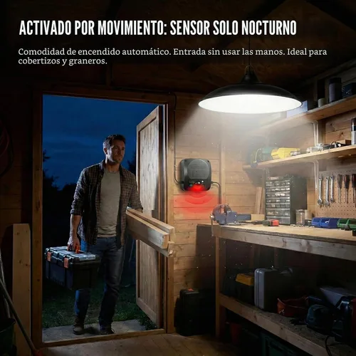 Vista 3 de Luces solares de cobertizo para interiores y exteriores, luz colgante con sensor de movimiento de 3200 lm disponible durante el día con control