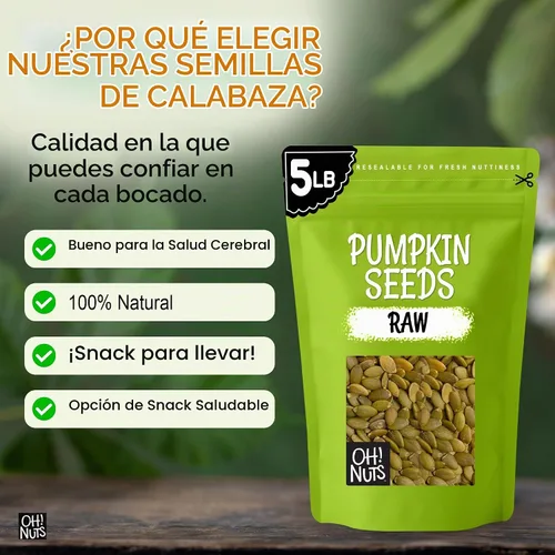 Vista 7 de Oh! Nuts Pepitas - Semillas de calabaza crudas sin sal – Bolsa resellable a granel de 5 libras – Potencia proteica totalmente natural – Snacks
