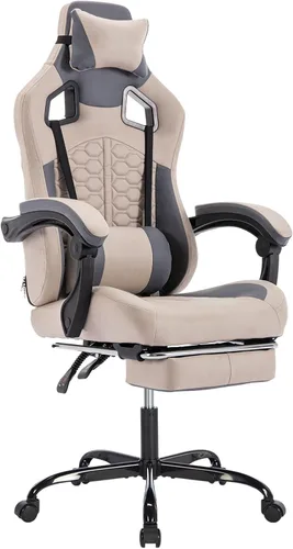 Vista 16 de Silla ergonómica de cuero para juegos con reposapiés, cómoda silla de juegos beige con cómodo reposacabezas y soporte lumbar para adultos, niños