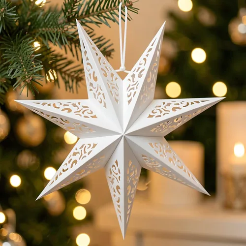 Vista 4 de LIOOBO Linternas de estrella de papel: pantalla de lámpara colgante de estrella de Navidad, luz hueca de cubierta de papel blanco, lámparas