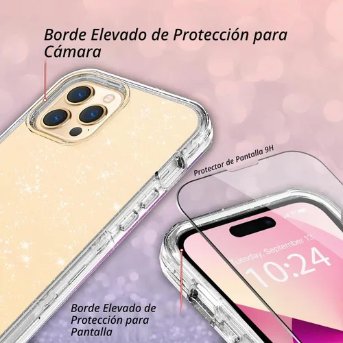 Vista 5 de Funda protectora completa con purpurina cristalina para iPhone 13 Pro Max híbrida 3 en 1, resistente a prueba de golpes, para mujeres y niñas