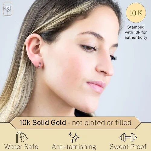 Vista 3 de MAX + STONE Aretes de aro y Huggie de oro de 10 quilates para mujer, 0.472 in, pequeños aros de piedras naturales