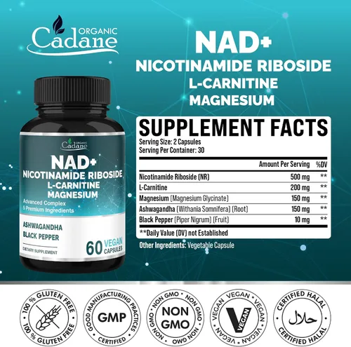 Vista 2 de Organic Cadane Suplemento de ribósido de nicotinamida con L-carnitina, glicinato de magnesio, Ashwagandha, pimienta negra Apoyo para la salud