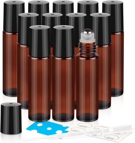 Vista 14 de Botellas enrollables de 0.3 fl oz para aceites esenciales, botellas de vidrio enrollables, botella de perfume recargable, con bolas de rodillo