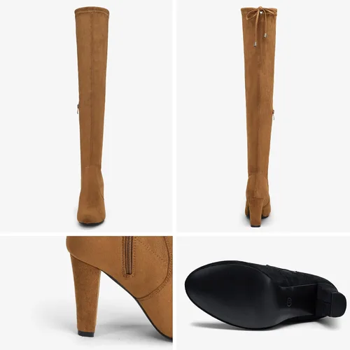 Vista 7 de Vepose Botas altas sobre la rodilla para mujer, botas de tacón largo de gamuza de 3.5 pulgadas con cremallera